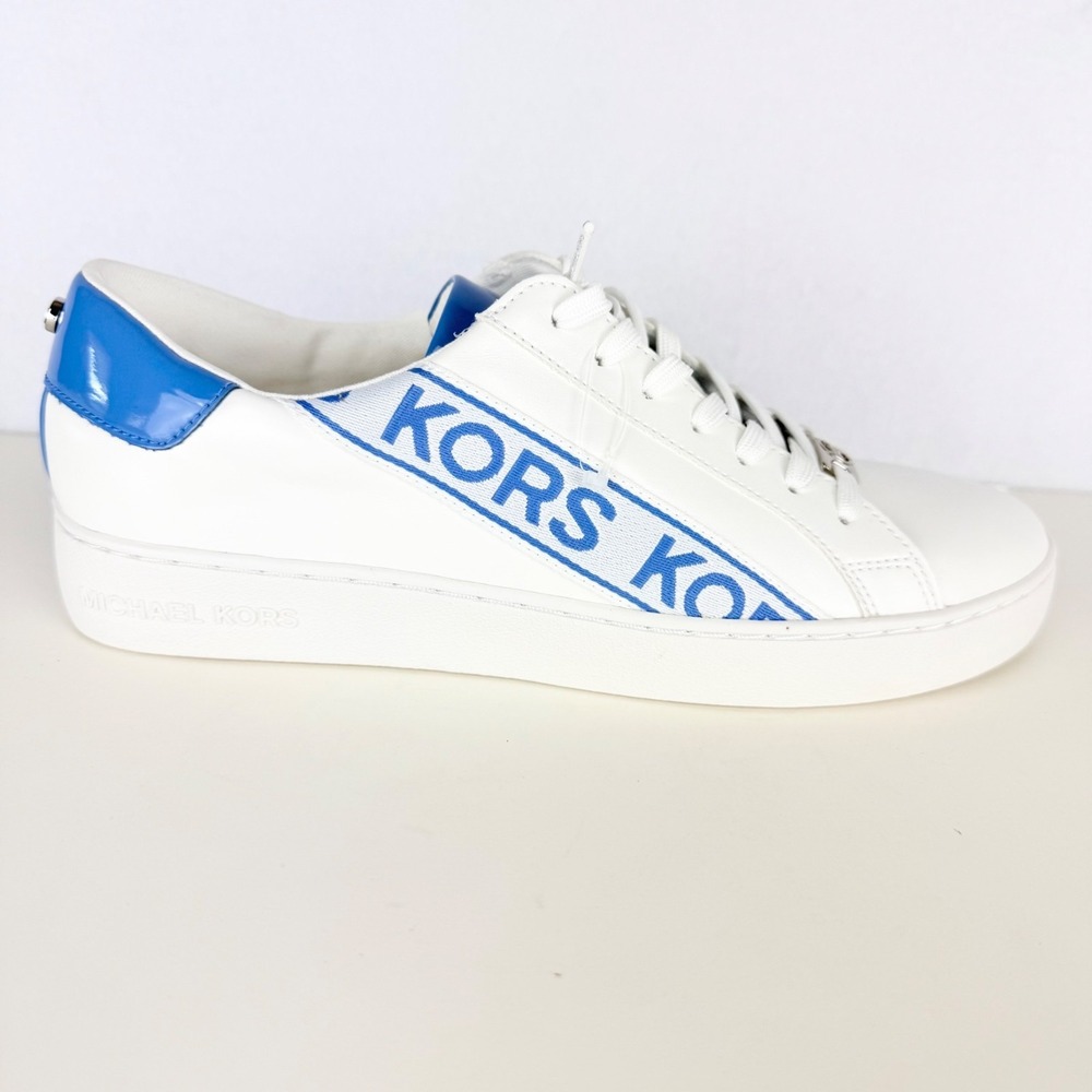 Michael Kors Women's KORS Print Side Faux Leather White Blue Sneakers Sz 7M NWOT